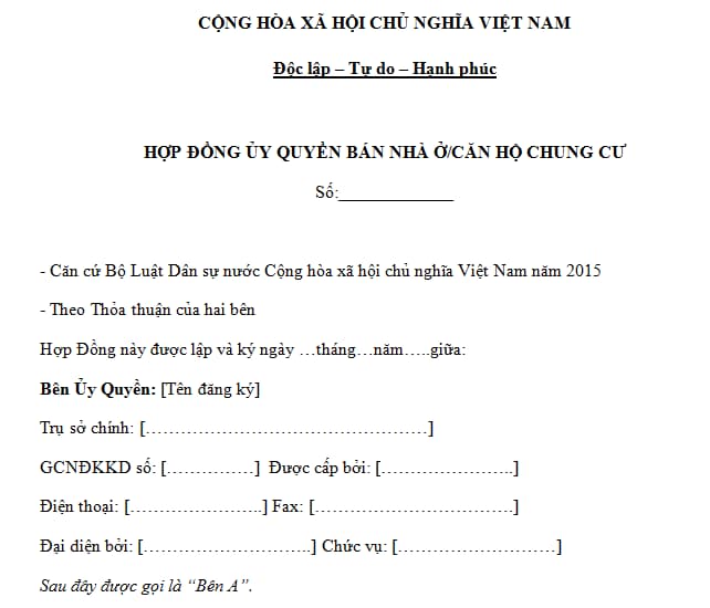 Mẫu ủy quyền mua bán chung cư mới nhất