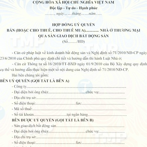 Hợp đồng ủy quyền bán cho thuê nhà ở qua sàn giao dịch bất rượu cồn sản