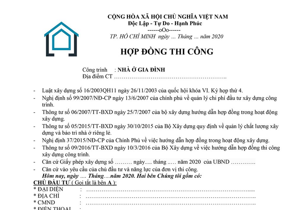 mẫu hợp đồng thi công điện nước nhà ở